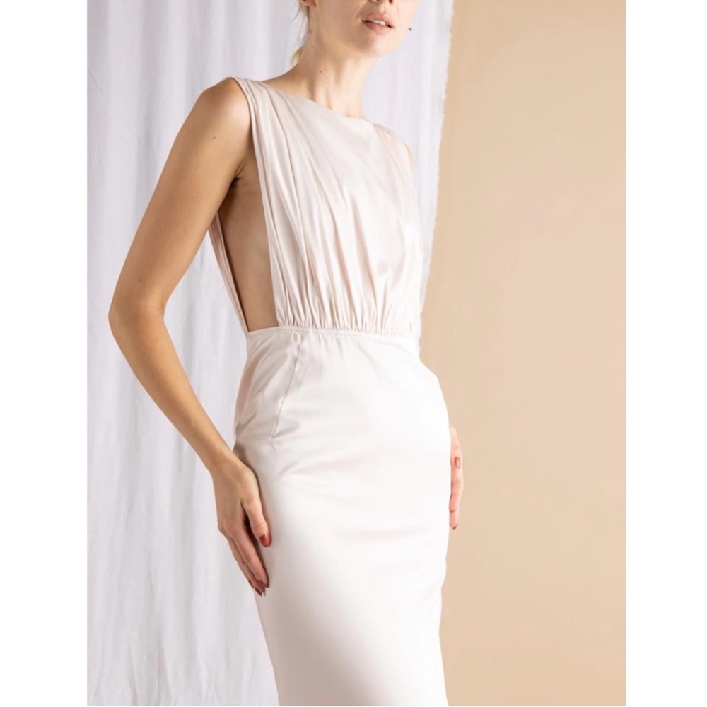 Lena Champagne Pleated Ruched Satin Midi Dress